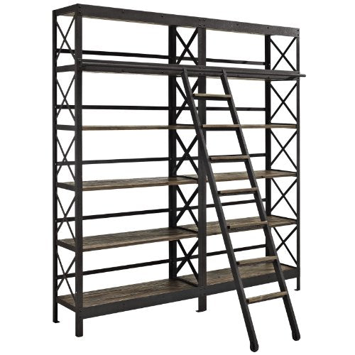 Modway Headway Industrial Modern Wood Bookshelf With Ladder in Brown
