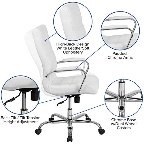 Flash Furniture High Back Office Chair | White LeatherSoft Office Chair with Wheels and Arms