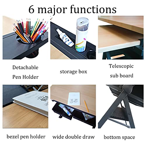 EESHHA Extra Large Wood Drafting Table with Adjustable Height and Tilting Surface, Two Drawers