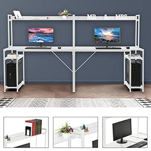 Wohaha 2 Person Long Computer Table with Storage Shelves 94", Gaming Desk Home Office Writing Workstation Table with 2 Host Shelves & Bookshelf, Industrial Modern Simple Style Laptop Desk (White)