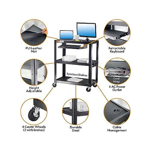 Metateel Heavy Duty 3 Tier Rolling Cart with Power Strip - Durable Utility Cart - 300 LB Capacity