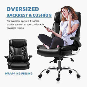 YAMASORO High Back Ergonomic Executive Office Chair - Black Leather with Wheels, Flip-up Arms, Adjustable Headrest, Tilt, and Lumbar Support