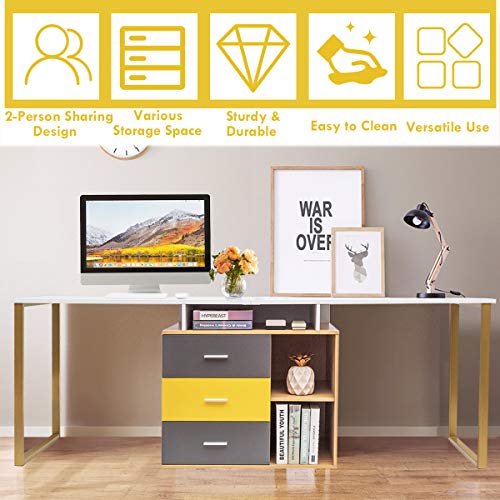 Tangkula 87 inch 2-Person Desk Double Computer Desk, Multifunction L-Shaped Desk w/ 3 Storage Drawers & 2-Tier Shelves, Writing Desk Computer Workstation with Spacious Desktop, Home Office Desk