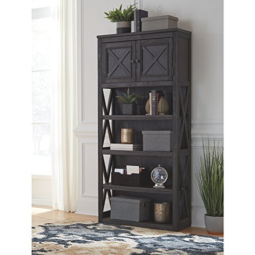 Ashley Furniture Signature Design - Tyler Creek Large Bookcase - Casual - 3 Shelves/1 Cabinet - Grayish Brown/Black Finish - Antiqued Bronze Hardware