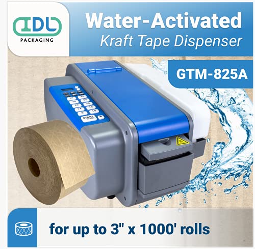 IDL Packaging GTM-825A Electronic Kraft Tape Dispenser for Gummed Tapes up to 3” Width – Automatic One-Touch Moistening & Dispensing Machine – Water-Activated Tape Dispenser