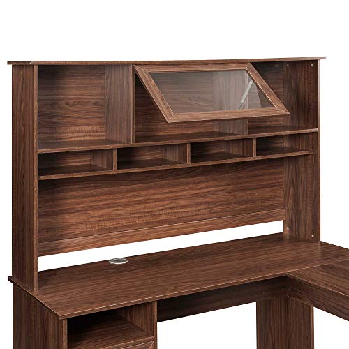 Home Office L-Shaped Desk with Hutch and Glass Doors, Writing Workstation with Storage Shelves and File Cabinet for Home Office | Bookshelf Dual Positioning Options (Brown)