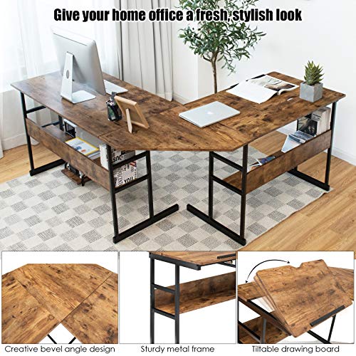 Tangkula 67 inches L-Shaped Desk, Corner Computer Desk with Bottom Bookshelves & CPU Stand, Drafting Drawing Table with Tiltable Desktop, Corner Computer Workstation Home Office Desk (Rustic Brown)