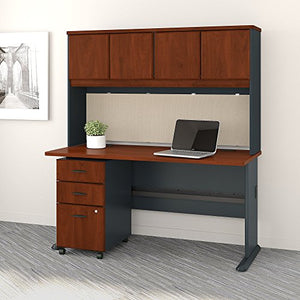 Bush Business Furniture Series A 60W Desk with Hutch and Mobile File Cabinet in Hansen Cherry and Galaxy