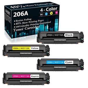4-Pack (BK+C+Y+M) 206A | W2110A W2111A W2112A W2113A Toner Cartridge Replacement for HP Color Laserjet Pro MFP M282nw M283cdw M255dw M283fdn M255dn M255-M256 Series Printer Ink Cartridge