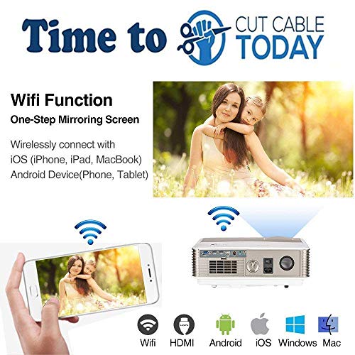 HD Wireless Projector WiFi Bluetooth Android 6.0 5000 Lumen WXGA 200" LCD LED (2018 Upgraded), Multimedia Home Theater Video Projector 1080P HDMI VGA USB TV Built-in Speaker Gaming Outdoor Movie