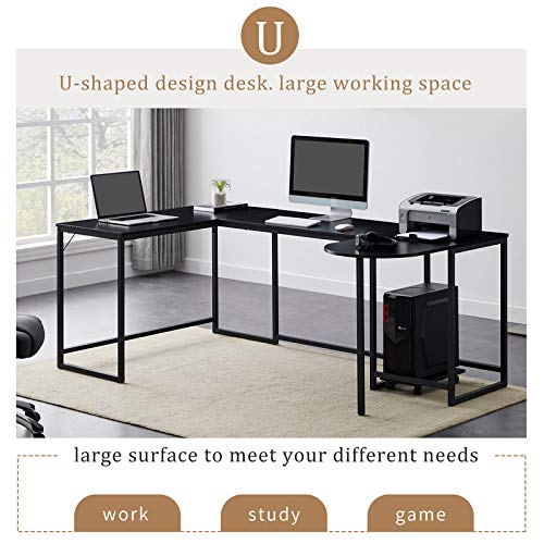 MYDENIMSKY U-Shaped Computer Desk, Industrial Corner Writing Desk with CPU Stand, Gaming Table Workstation Desk for Home Office Black