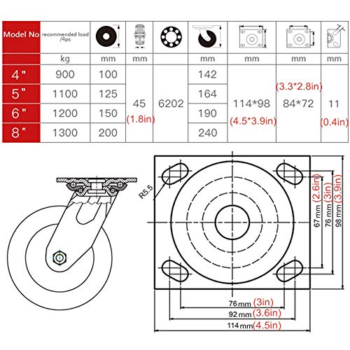 VKEID Heavy Duty Swivel Plate Casters Wheels for Furniture Table Trolley - 200mm/8in