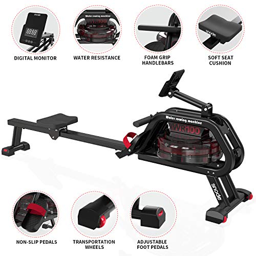 SNODE Water Rowing Machine with Bluetooth, Rowing Machine for Home Use with Free APP, Water Resistance Wood Rower Indoor Exercise Machine, Soft Seat, Smooth Quiet Home Fitness Workout