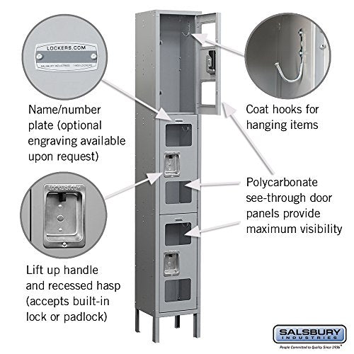 Salsbury Industries S-63165GY-U Triple Tier 12-Inch Wide 6-Feet High 15-Inch Deep Unassembled See Through Metal Locker, Gray
