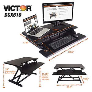 Victor DCX610 Height Adjustable Compact Standing Desk| Black| 33” Wide Sit-Stand Dual Monitor Desk and Laptop Riser Workstation| Compatible with Most Monitor Arms