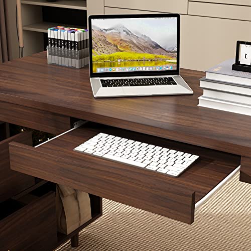 Homsee L-Shaped Executive Desk with Drawers, Shelves, Keyboard Tray & Storage Cabinet, 55 Inch - Deep Brown