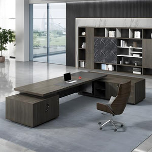 XINDAR Modern L-Shape Executive Wood Office Desk with Pedestal Base (94.5" x 70.9" x 29.5")