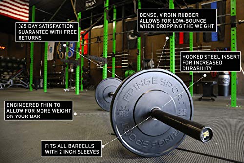 OneFitWonder Fringe Sport 45lb Black Bumper Plate Pairs for Weightlifting & Strength Training Equipment with a Dead Bounce, 45 Pound Weight Plates Pair - Low Odor, Ideal for Power Lifting