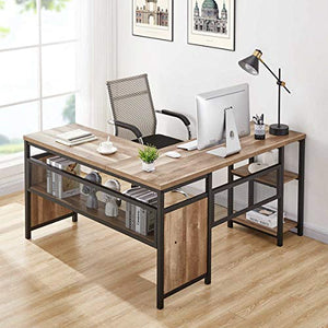 FATORRI L Shaped Computer Desk, Industrial Office Desk with Shelves, Rustic Wood and Metal Corner Desk for Home Office (Rustic Oak, 59 Inch)