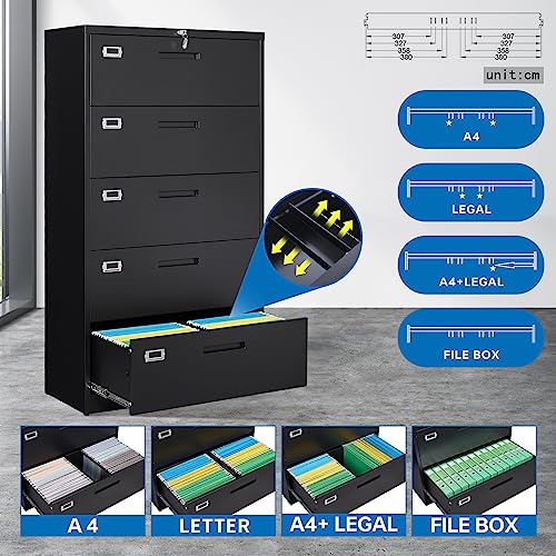 BYNSOE 5 Drawers Lateral File Cabinet with Lock - Steel Filing Storage Cabinet for Office/Home - A4 Legal/Letter Size - Assembly Required