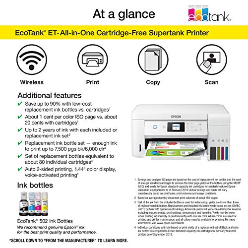 Epson EcoTank ET Series Wireless Color All-in-One Supertank Inkjet Printer/Print, Copy, Scan/White