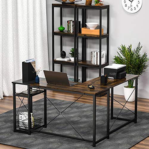 Foxemart L-Shaped Computer Desk, Industrial Corner Desk Writing Study Table with Storage Shelves, Space-Saving, Large Gaming Desk 2 Person Table for Home Office Workstation, Rustic Brown/Black
