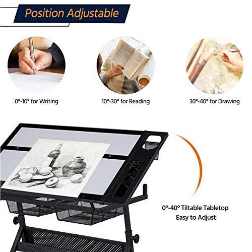 DXXWANG Glass Adjustable Art Drafting Table Artists Drawing Desk with 2 Drawers & Stool
