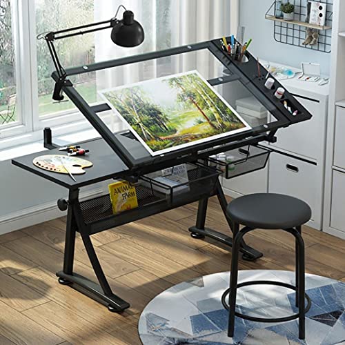 VejiA Drafting Table for Artists, Height Adjustable with Stool, Tempered Glass Top, 2 Drawers, 50° Tiltable