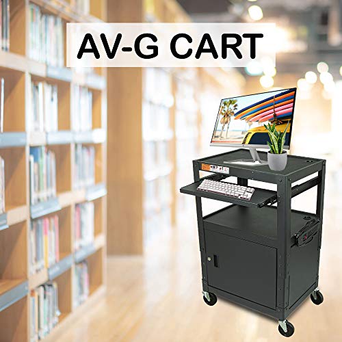 POCHAR Height Adjustable Steel Frame AV Cart with Keyboard Tray, Locking Cabinet, and 5ft 9in Power Strip