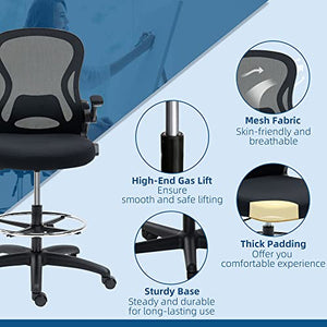 MDybf Ergonomic Drafting Chair with Flip-up Armrests, Mesh Design, Lumbar Support, Footrest Ring - Black Journey