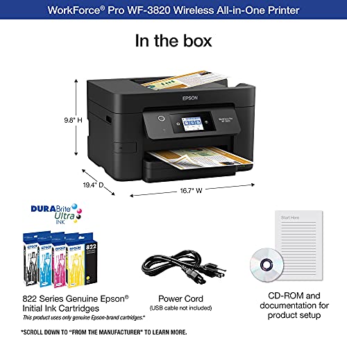 Epson Workforce Pro WF-3820 All-in-One Wireless Color Inkjet Printer, Black - Print Scan Copy Fax - 21 ppm, 4800 x 2400 dpi, 8.5 x 14, Auto 2-Sided Printing, 35-Sheet ADF, Ethernet