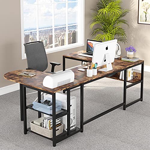 TIYASE U Shaped Desk with Storage Shelves, Large L-Shaped Desk Corner Computer Office Desk with Printer Stand and Bookshelf, Rustic Executive Office Desk Workstation, 78.7 x 47.2 inches