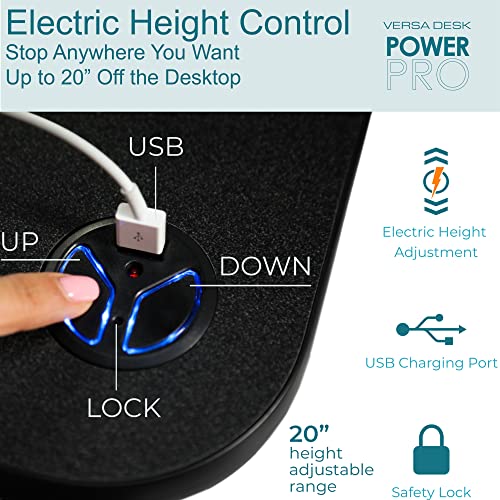 VERSADESK Electric Height Adjustable Standing Desk Converter, 40 Inch PowerPro with Keyboard Tray, USB Charging Outlet, 80 lbs Capacity, Button Switch - Black