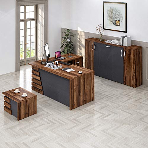 Casa Mare 71" Executive Home Office Suite | Made of Solid Wood | 3-Piece Set including Long L Shaped Desk with Drawers, Coffee Table & Large Storage Cabinet | Modern Business Furniture | Brown & Black