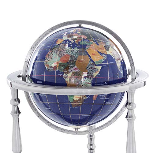 KALIFANO Large Gemstone Globe with Vibrant Polished Lapis Ocean and Mosaic Gem Continents on 37" Ambassador Antique Silver 3 Leg High Stand - World Globe with Floor Stand Office Decor