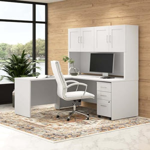 Bush Business Furniture Hampton Heights L-Shaped Desk with Hutch and 3 Drawer Mobile File Cabinet | White, 72W x 30D
