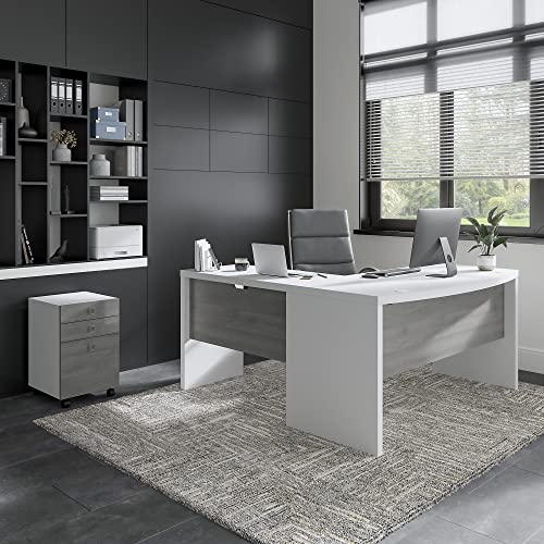 Bush Business Furniture Echo L Shaped Bow Front Desk with Mobile File Cabinet, Pure White/Modern Gray, 60W