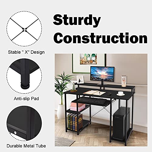 JIAJO Computer Desk for Home Office, 46.5 inches Writing Table Office Workstation with Storage Shelves Keyboard Tray Monitor Stand, Elegant Black