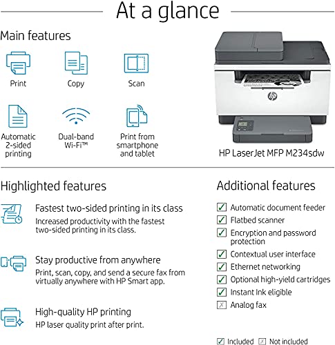 HP Laserjet MFP M234sdw Wireless Black & White All-in-One Printer, with Fast 2-Sided Printing (6GX01F) and Instant Ink $5 Prepaid Code