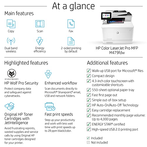 HP Laserjet Pro M479fdwC Wireless Color All-in-One Laser Printer for Business - Print Scan Copy Fax - 4.3" Touchscreen CGD, 28 ppm, 600x600 dpi, 8.5x14, Auto 2-Sided Printing, 50-Sheet ADF, Ethernet