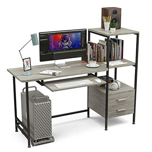 Computer Desk Study Table w/Shelf & Drawers Stable Office Workstation Oak Grey (Color : Default)