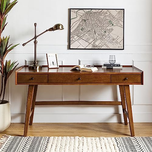 HULALA HOME Home Office Desk with 3 Drawers, Solid Wood Legs, Charging Station, Cable Management - Mid Century Modern Writing Table - Walnut