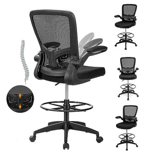 POWERSTONE Ergonomic Drafting Chair with High Back, Armrests, and Footrest (Black 2 pcs)