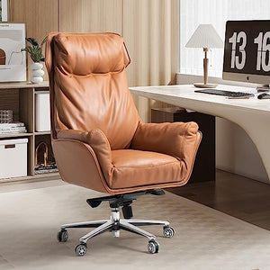 Kinnls Austin Genuine Leather Executive Office Chair with Reclining High Back and Tilt Angle (Khaki-Golden Base)