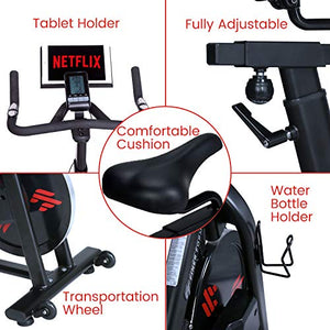 Finer Form Indoor Exercise Bike with 35 Lb Flywheel Belt-Driven Stationary Bike - Tablet iPad Holder, LCD Monitor, Cadence Reading, and SPD Compatible Pedals