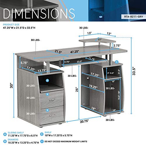 Techni Mobili Floating Modern Office Desk & Complete Computer Workstation, Gray
