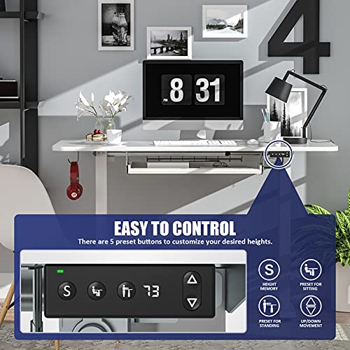 Height Adjustable Desk, Electric Standing Desk with 48'' x 24'' Solid Whole-Piece Desk Board, Sit Stand Desk w/Memory Preset Controller, Stand Up Desk with Keyboard Tray for Home Office (White)