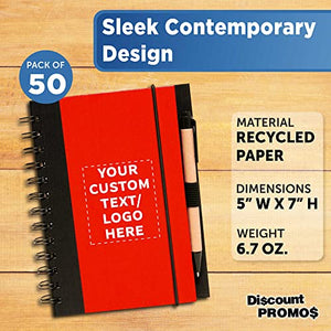 50 ECO Block Notebooks with Pens Pack - Customizable Text, Logo - Spiral, Recycled, Elastic Loop - Red