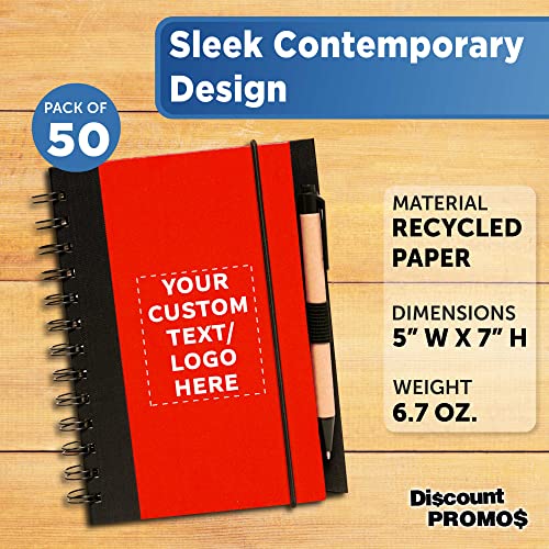 50 ECO Block Notebooks with Pens Pack - Customizable Text, Logo - Spiral, Recycled, Elastic Loop - Red