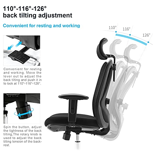 SIHOO Office Chair Ergonomic Office Chair, Breathable Mesh Design High Back Desk Chair with Adjustable Headrest and Lumbar Support (Black)